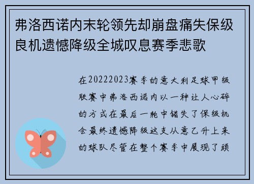 弗洛西诺内末轮领先却崩盘痛失保级良机遗憾降级全城叹息赛季悲歌 弗洛西诺内末轮领先却崩盘痛失保级良机遗憾降级全城叹息赛季悲歌