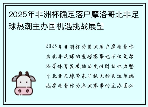 2025年非洲杯确定落户摩洛哥北非足球热潮主办国机遇挑战展望